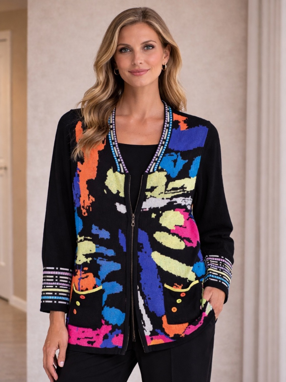 Joseph Ribkoff Multicolor Knit Abstract Zip Cardigan Sweater Pocket Size M